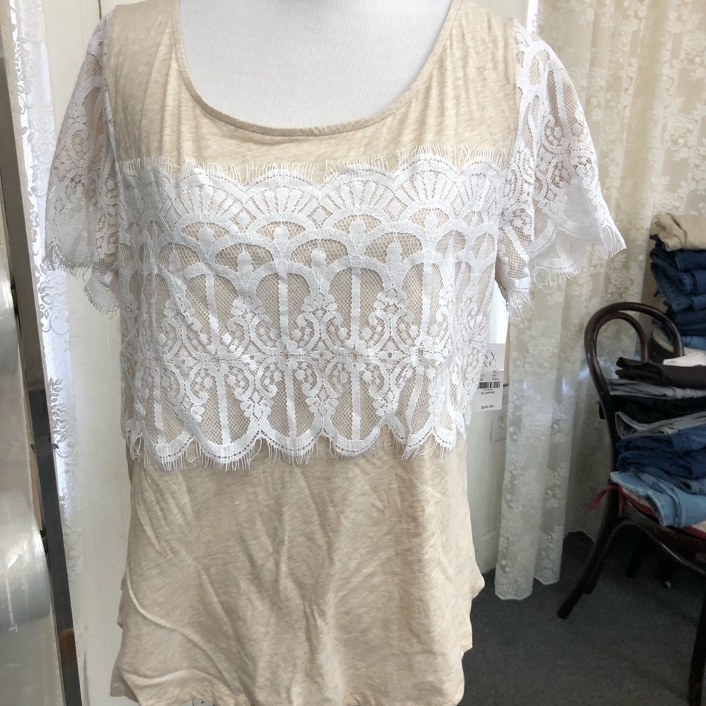 Tan and white lace shirt